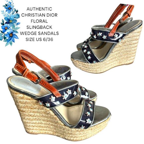 AUTHENTIC CHRISTIAN DIOR PLATFORM WEDGE FLORAL SANDALS SIZE US 6 EURO 36 - Picture 1 of 7